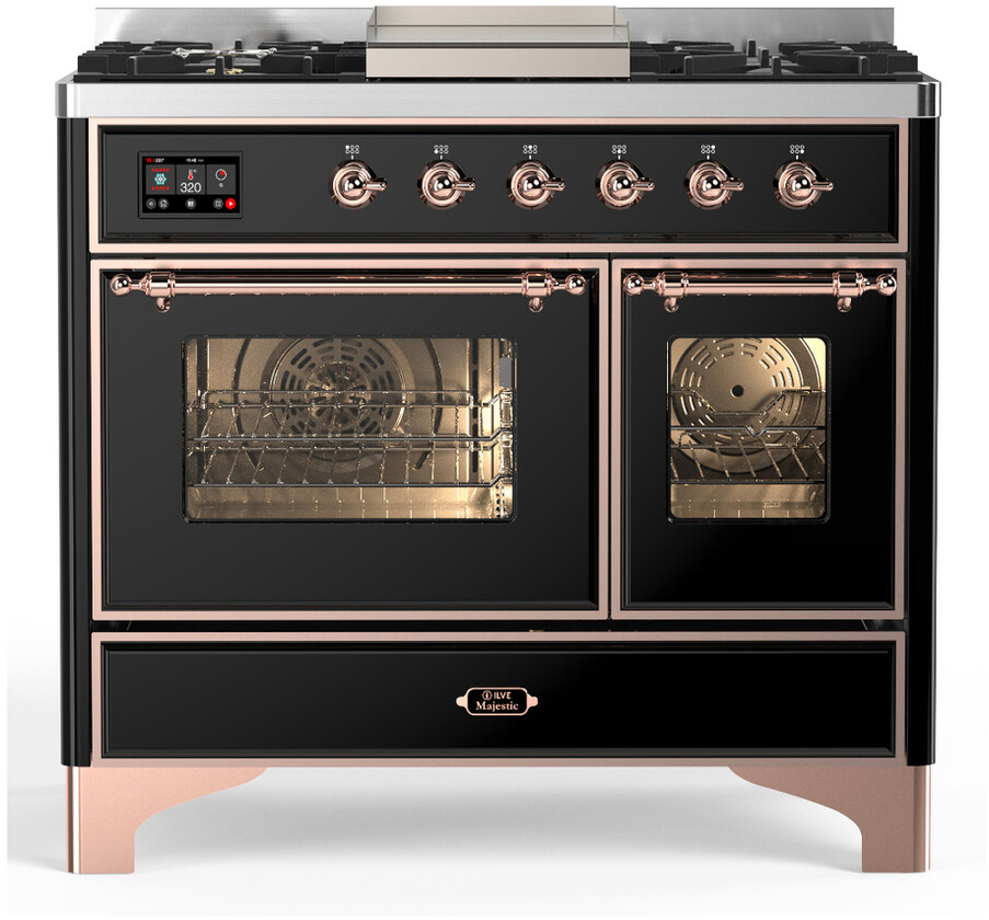 ILVE UMD40FNR3BKPLP Majestic III 40 inch Dual Fuel Range with 6 Burners and Griddle, Dual Function Burner up to 25,000 BTU (Liquid Propane, Triple Glass Door, Glossy Black, Copper)