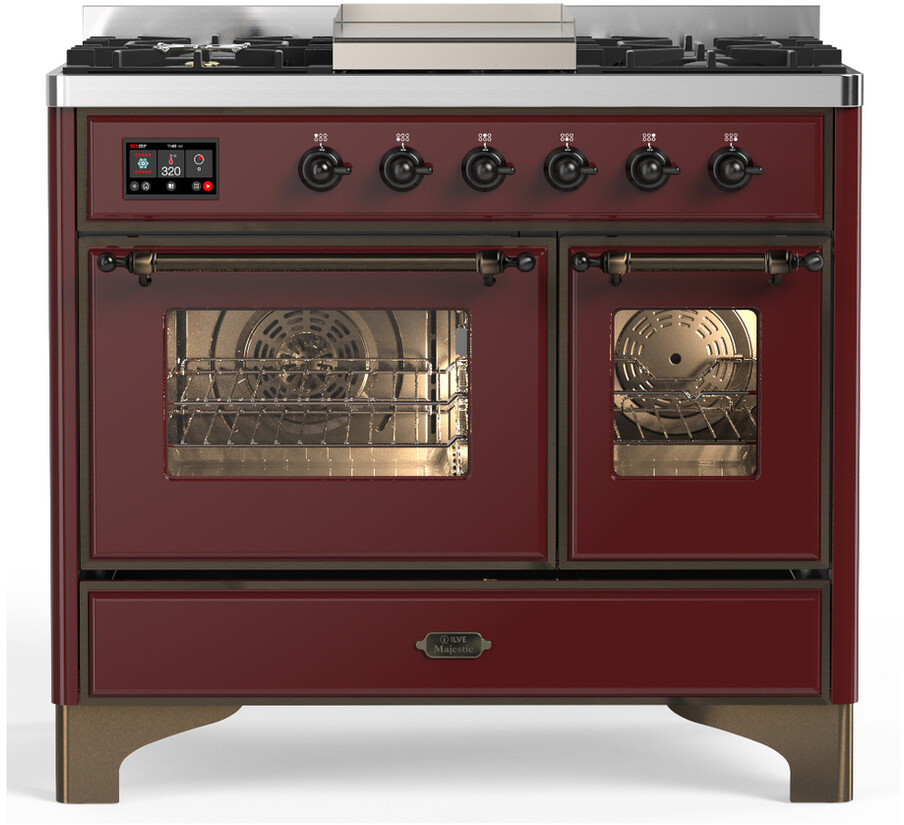ILVE UMD40FNR3BUBLP Majestic III 40 inch Dual Fuel Range with 6 Burners and Griddle, Dual Function Burner up to 25,000 BTU (Liquid Propane, Triple Glass Door, Burgundy, Burnished)