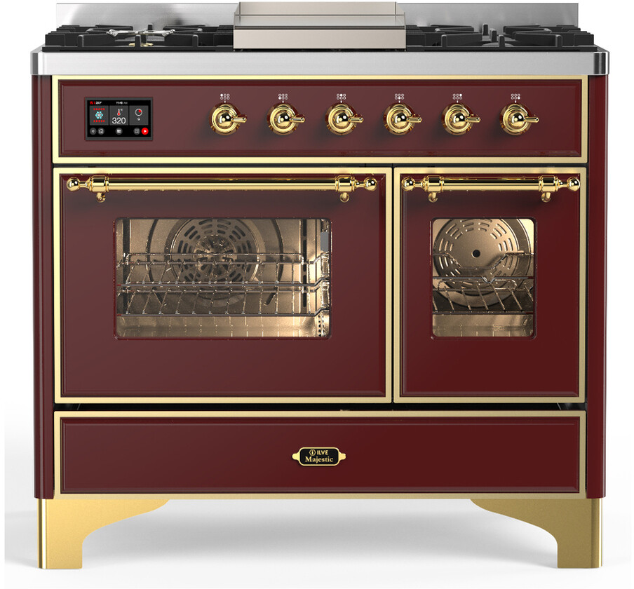 ILVE UMD40FNR3BUGLP Majestic III 40 inch Dual Fuel Range with 6 Burners and Griddle, Dual Function Burner up to 25,000 BTU (Liquid Propane, Triple Glass Door, Burgundy, Brass)