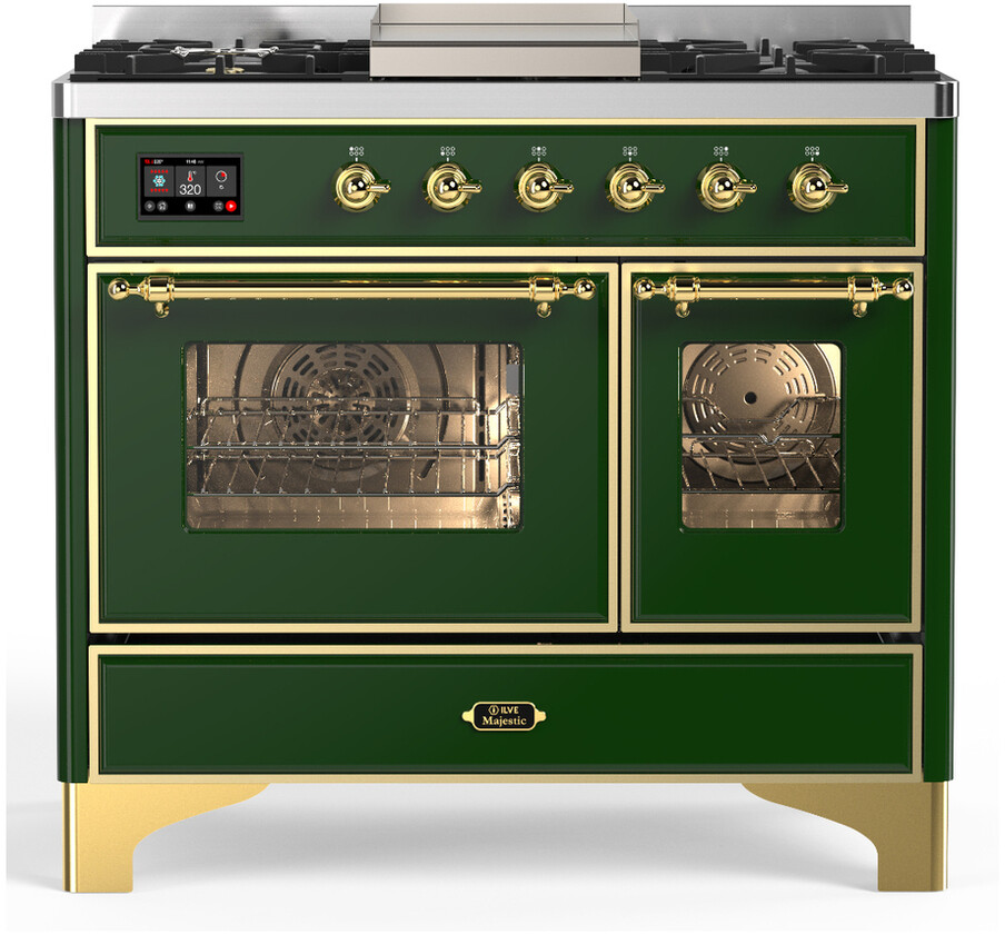 ILVE UMD40FNR3EGGLP Majestic III 40 inch Dual Fuel Range with 6 Burners and Griddle, Dual Function Burner up to 25,000 BTU (Liquid Propane, Triple Glass Door, Emerald Green, Brass)