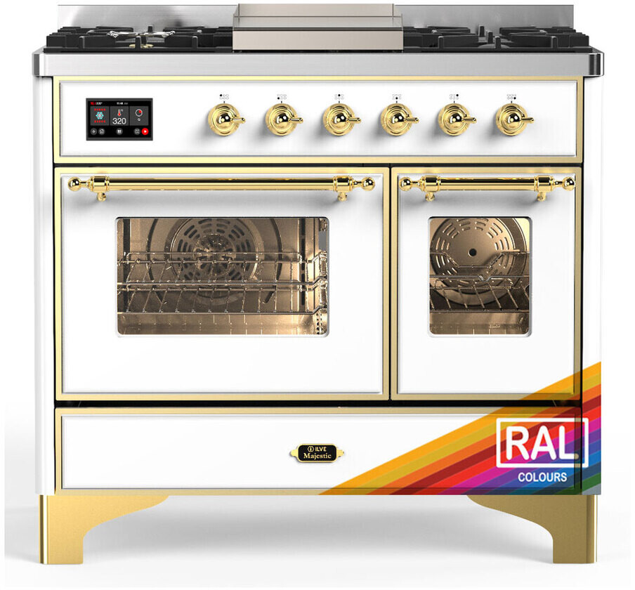 ILVE UMD40FNR3RAGLP Majestic III 40 inch Dual Fuel Range with 6 Burners and Griddle, Dual Function Burner up to 25,000 BTU (Liquid Propane, Triple Glass Door, RAL, Brass)