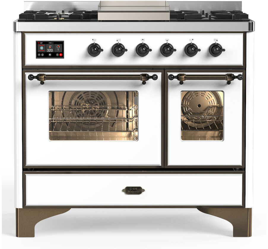 ILVE UMD40FNR3WHBLP Majestic III 40 inch Dual Fuel Range with 6 Burners and Griddle, Dual Function Burner up to 25,000 BTU (Liquid Propane, Triple Glass Door, White, Burnished)