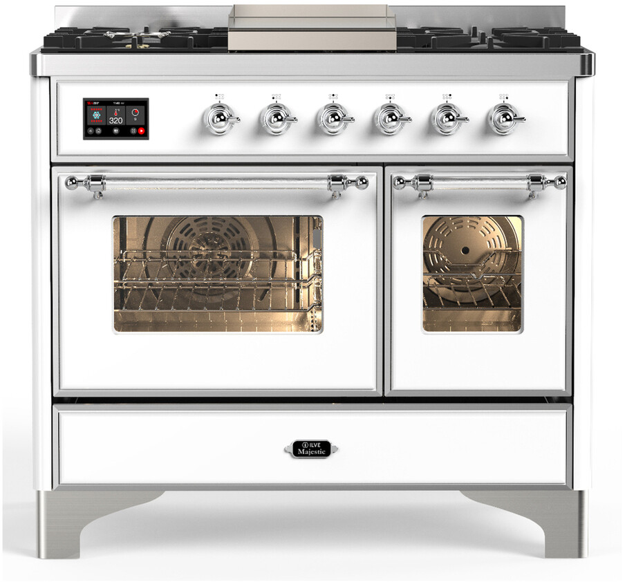 ILVE UMD40FNR3WHCLP Majestic III 40 inch Dual Fuel Range with 6 Burners and Griddle, Dual Function Burner up to 25,000 BTU (Liquid Propane, Triple Glass Door, White, Chrome)