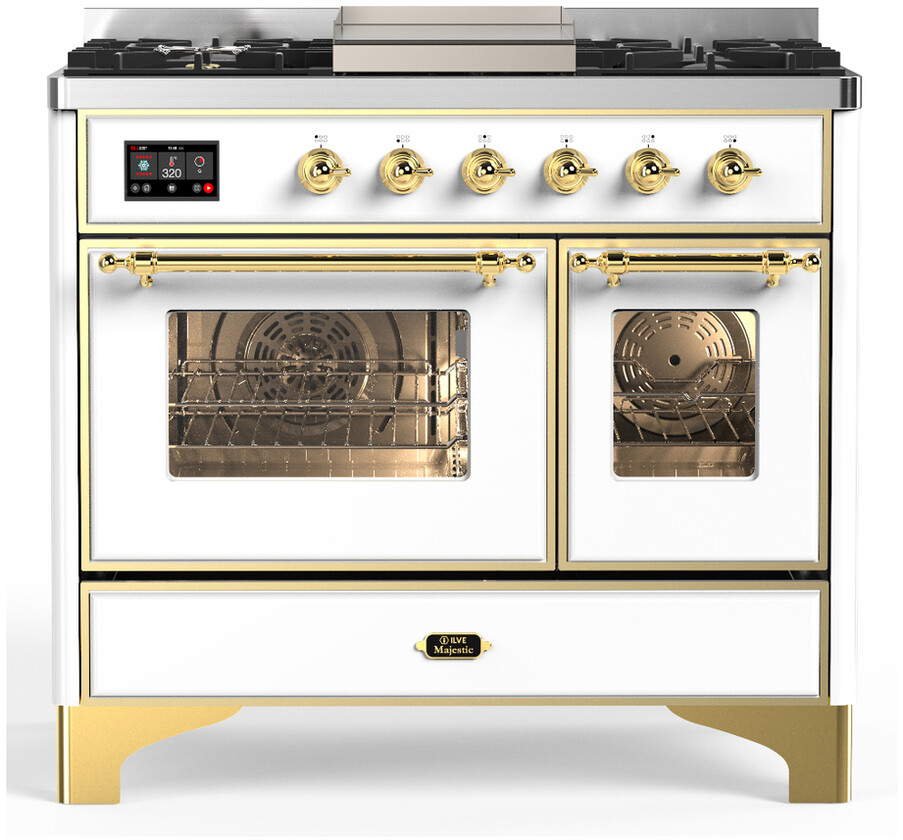 ILVE UMD40FNR3WHGLP Majestic III 40 inch Dual Fuel Range with 6 Burners and Griddle, Dual Function Burner up to 25,000 BTU (Liquid Propane, Triple Glass Door, White, Brass)
