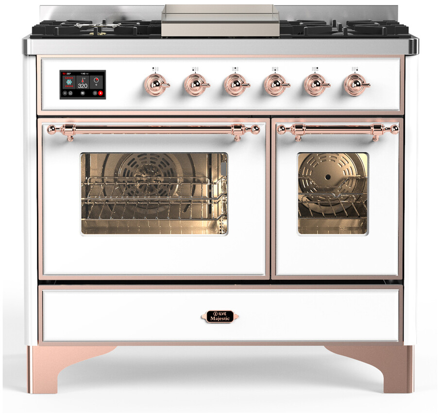 ILVE UMD40FNR3WHPLP Majestic III 40 inch Dual Fuel Range with 6 Burners and Griddle, Dual Function Burner up to 25,000 BTU (Liquid Propane, Triple Glass Door, White, Copper)