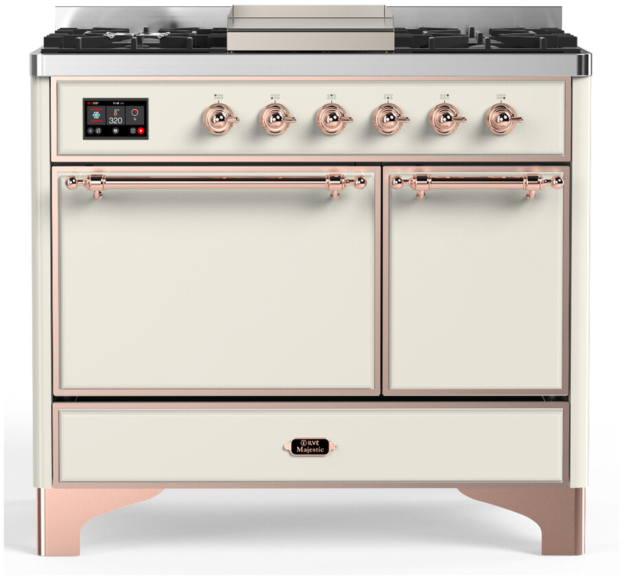 ILVE UMD40FQNR3AWPLP Majestic III 40 inch Dual Fuel Range with 6 Burners and Griddle, Dual Function Burner up to 25,000 BTU (Liquid Propane, Solid Door, Antique White, Copper)