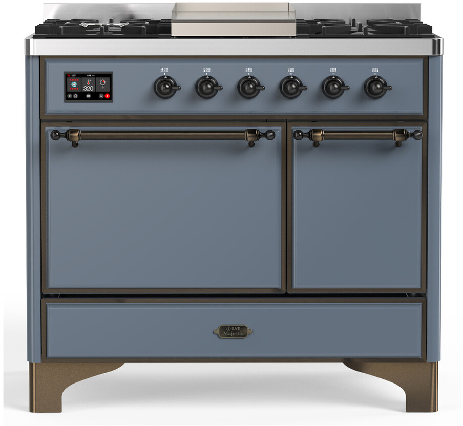 ILVE UMD40FQNR3BGBLP Majestic III 40 inch Dual Fuel Range with 6 Burners and Griddle, Dual Function Burner up to 25,000 BTU (Liquid Propane, Solid Door, Blue Grey, Burnished)