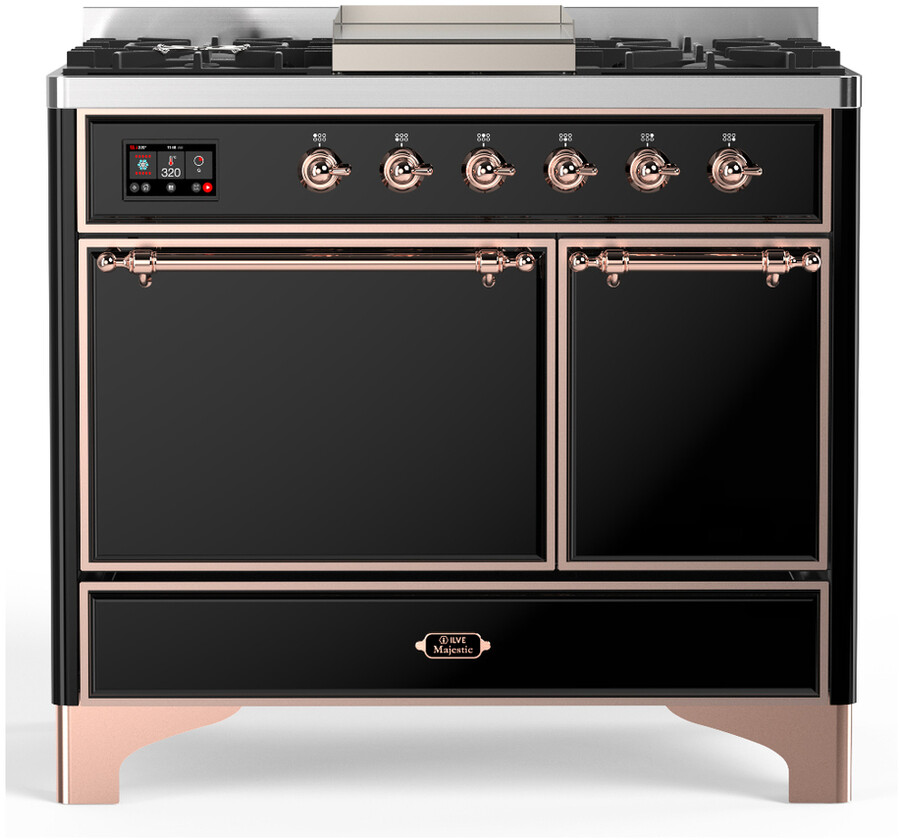 ILVE UMD40FQNR3BKPLP Majestic III 40 inch Dual Fuel Range with 6 Burners and Griddle, Dual Function Burner up to 25,000 BTU (Liquid Propane, Solid Door, Glossy Black, Copper)