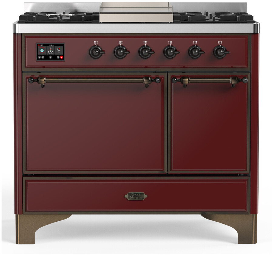 ILVE UMD40FQNR3BUBLP Majestic III 40 inch Dual Fuel Range with 6 Burners and Griddle, Dual Function Burner up to 25,000 BTU (Liquid Propane, Solid Door, Burgundy, Burnished)