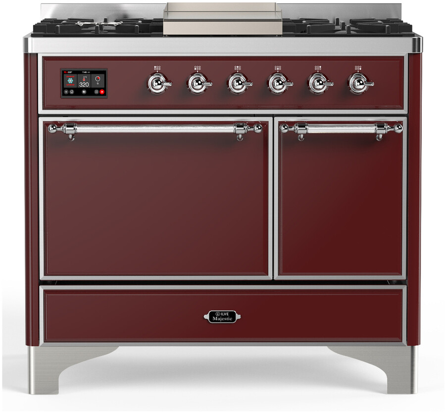 ILVE UMD40FQNR3BUGLP Majestic III 40 inch Dual Fuel Range with 6 Burners and Griddle, Dual Function Burner up to 25,000 BTU (Liquid Propane, Solid Door, Burgundy, Brass)