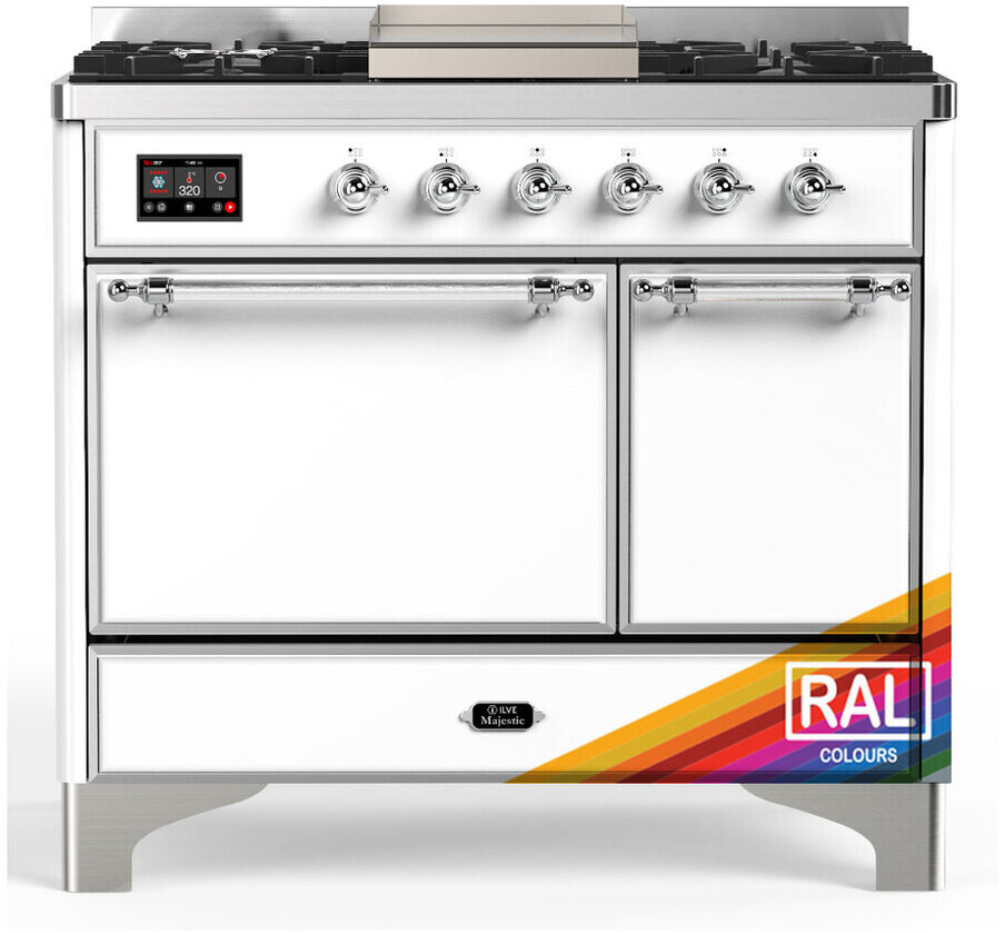 ILVE UMD40FQNR3RACLP Majestic III 40 inch Dual Fuel Range with 6 Burners and Griddle, Dual Function Burner up to 25,000 BTU (Liquid Propane, Solid Door, RAL, Chrome)