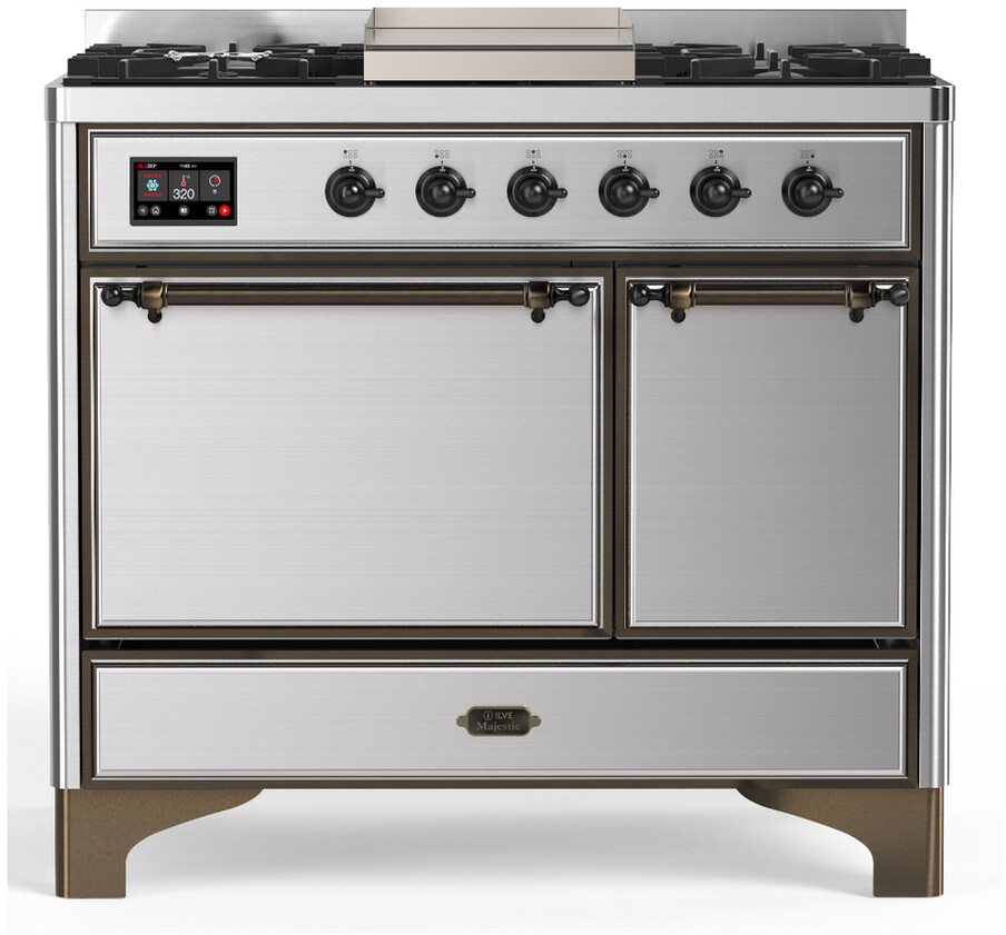 ILVE UMD40FQNR3SSBLP Majestic III 40 inch Dual Fuel Range with 6 Burners and Griddle, Dual Function Burner up to 25,000 BTU (Liquid Propane, Solid Door, Stainless Steel, Burnished)