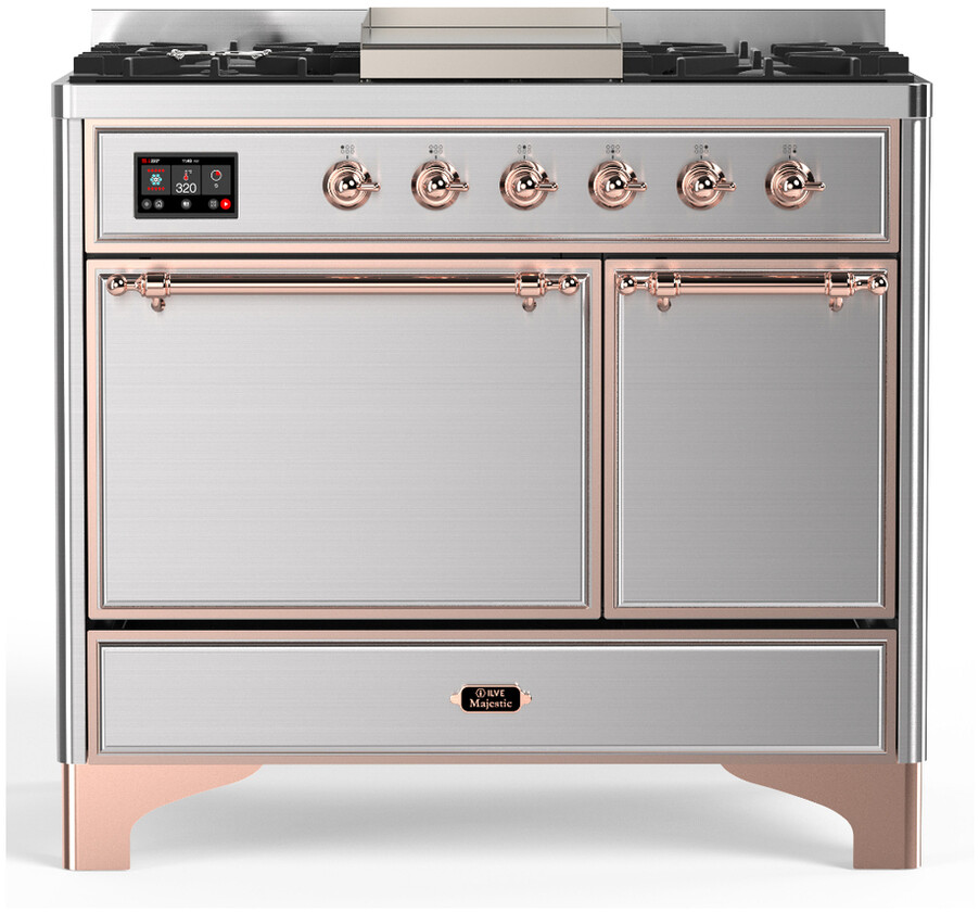 ILVE UMD40FQNR3SSPLP Majestic III 40 inch Dual Fuel Range with 6 Burners and Griddle, Dual Function Burner up to 25,000 BTU (Liquid Propane, Solid Door, Stainless Steel, Copper)