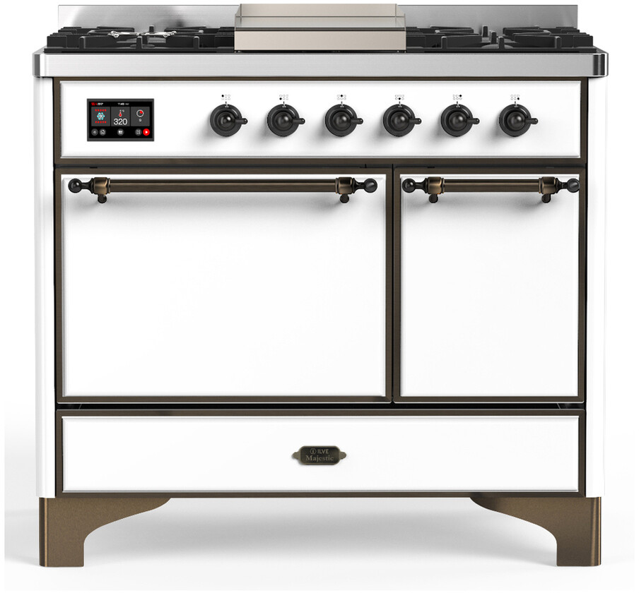 ILVE UMD40FQNR3WHBLP Majestic III 40 inch Dual Fuel Range with 6 Burners and Griddle, Dual Function Burner up to 25,000 BTU (Liquid Propane, Solid Door, White, Burnished)