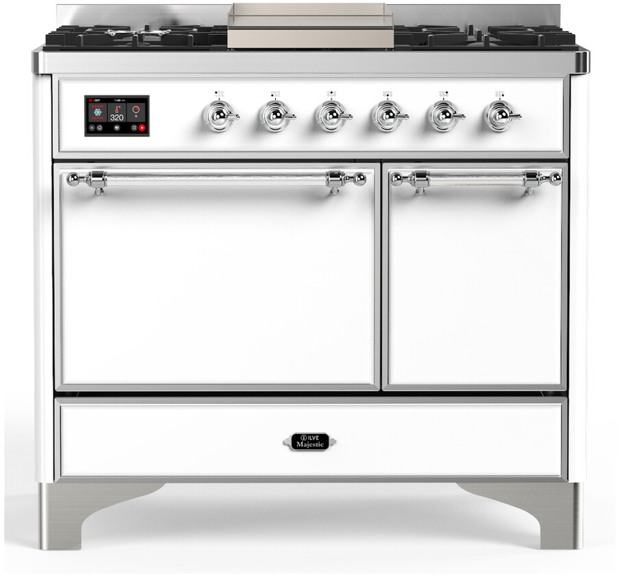 ILVE UMD40FQNR3WHCLP Majestic III 40 inch Dual Fuel Range with 6 Burners and Griddle, Dual Function Burner up to 25,000 BTU (Liquid Propane, Solid Door, White, Chrome)