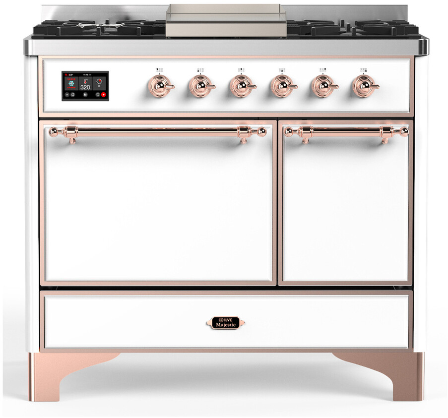 ILVE UMD40FQNR3WHPLP Majestic III 40 inch Dual Fuel Range with 6 Burners and Griddle, Dual Function Burner up to 25,000 BTU (Liquid Propane, Solid Door, White, Copper)