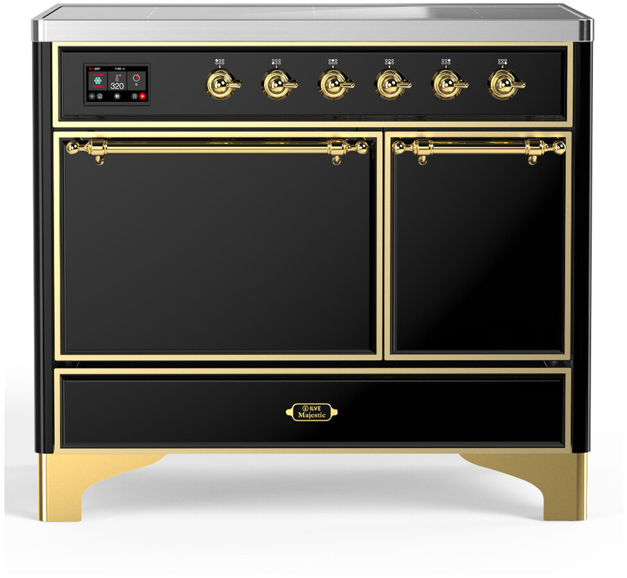 ILVE UMDIB40QNR3BKG Majestic III 40 inch Induction Range with 6 Elements, 3.82 cu. ft. Total Oven Capacity (Solid Door, Glossy Black, Brass)