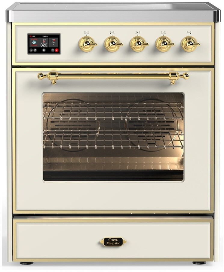 ILVE UMIB30NR3AWG Majestic III 30 inch Induction Range with 4 Elements, 4 cu. ft. Oven Capacity (Triple Glass Door, Antique White, Brass)