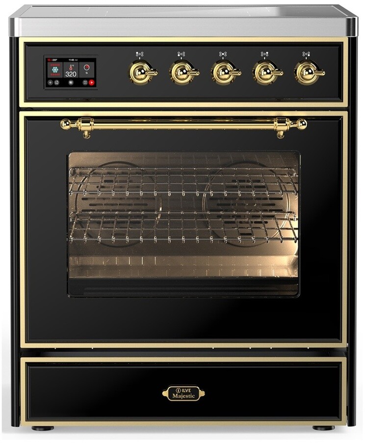ILVE UMIB30NR3BKG Majestic III 30 inch Induction Range with 4 Elements, 4 cu. ft. Oven Capacity (Triple Glass Door, Glossy Black, Brass)