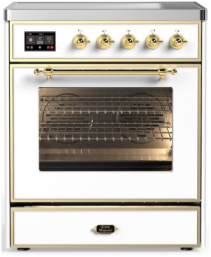 ILVE UMIB30NR3WHG Majestic III 30 inch Induction Range with 4 Elements, 4 cu. ft. Oven Capacity (Triple Glass Door, White, Brass)