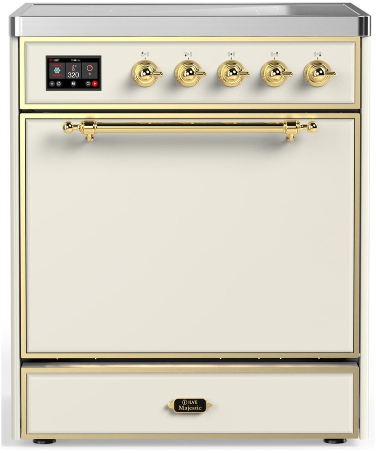 ILVE UMIB30QNR3AWG Majestic III 30 inch Induction Range with 4 Elements, 4 cu. ft. Oven Capacity (Solid Door, Antique White, Brass)