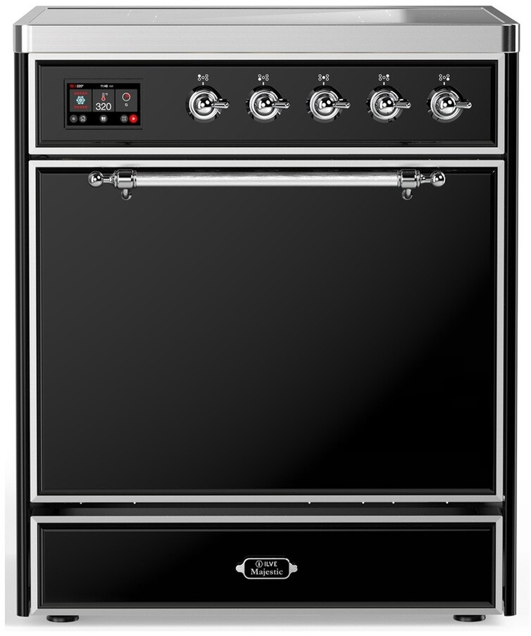 ILVE UMIB30QNR3BKC Majestic III 30 inch Induction Range with 4 Elements, 4 cu. ft. Oven Capacity (Solid Door, Glossy Black, Chrome)