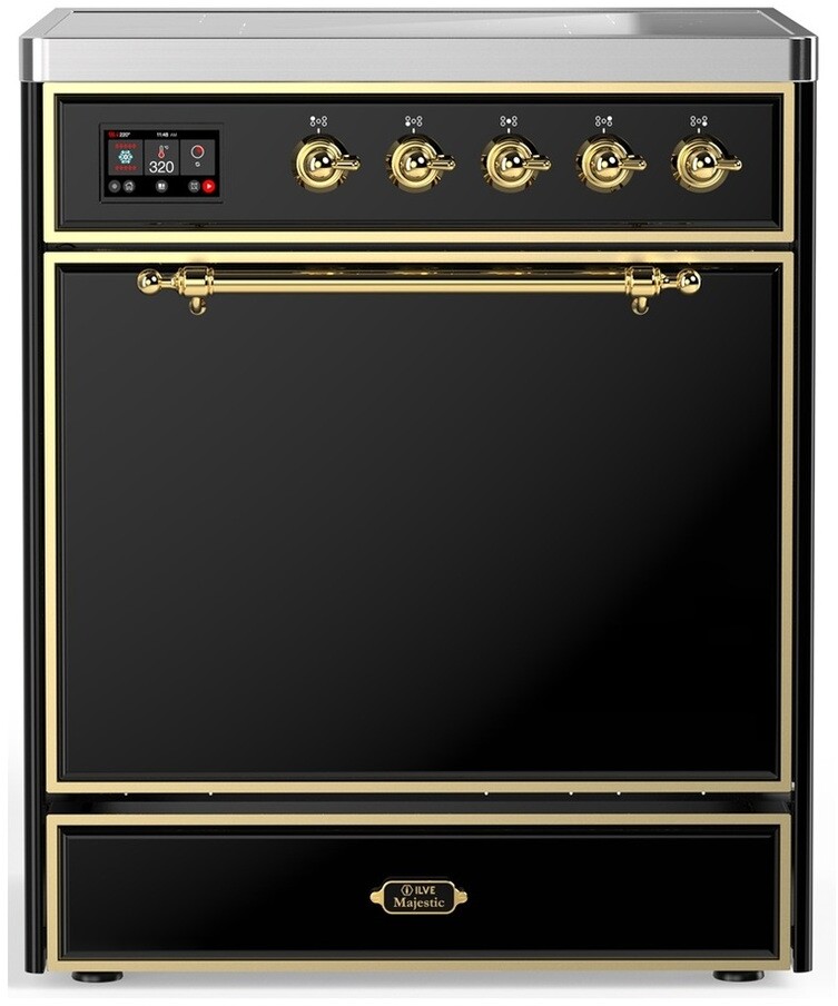 ILVE UMIB30QNR3BKG Majestic III 30 inch Induction Range with 4 Elements, 4 cu. ft. Oven Capacity (Solid Door, Glossy Black, Brass)