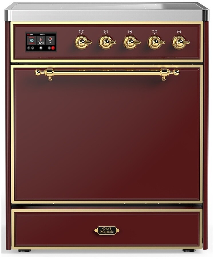 ILVE UMIB30QNR3BUG Majestic III 30 inch Induction Range with 4 Elements, 4 cu. ft. Oven Capacity (Solid Door, Burgundy, Brass)