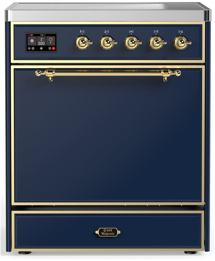 ILVE UMIB30QNR3MBG Majestic III 30 inch Induction Range with 4 Elements, 4 cu. ft. Oven Capacity (Solid Door, Midnight Blue, Brass)