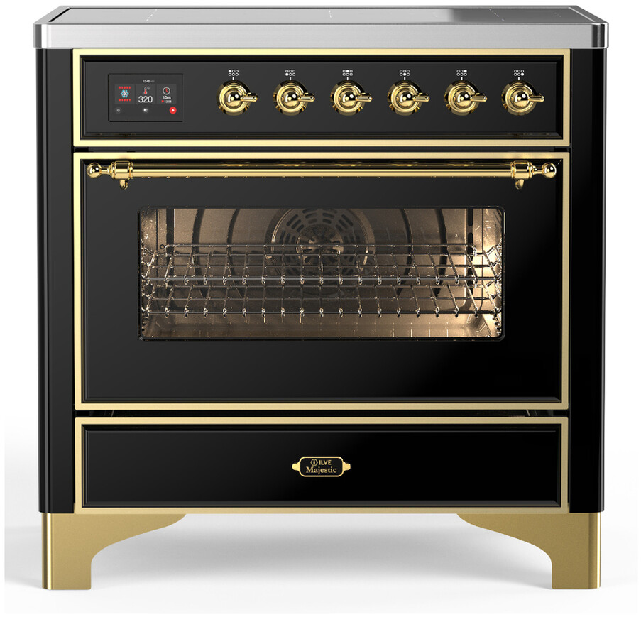 ILVE UMIB36NR3BKG Majestic III 36 inch Induction Range with 6 Elements, 3.5 cu. ft. Total Oven Capacity (Triple Glass Door, Glossy Black, Brass)