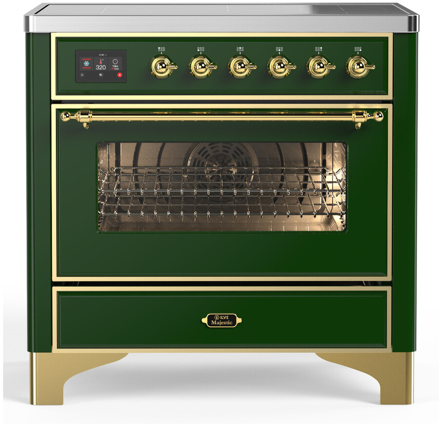 ILVE UMIB36NR3EGG Majestic III 36 inch Induction Range with 6 Elements, 3.5 cu. ft. Total Oven Capacity (Triple Glass Door, Emerald Green, Brass)