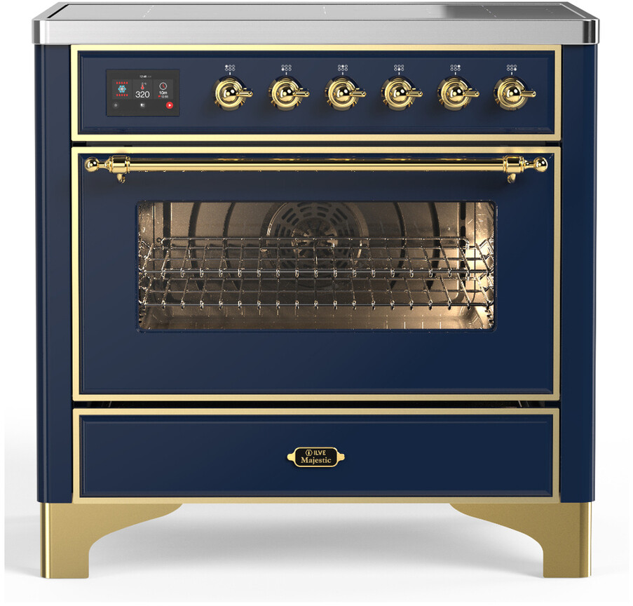 ILVE UMIB36NR3MBG Majestic III 36 inch Induction Range with 6 Elements, 3.5 cu. ft. Total Oven Capacity (Triple Glass Door, Midnight Blue, Brass)