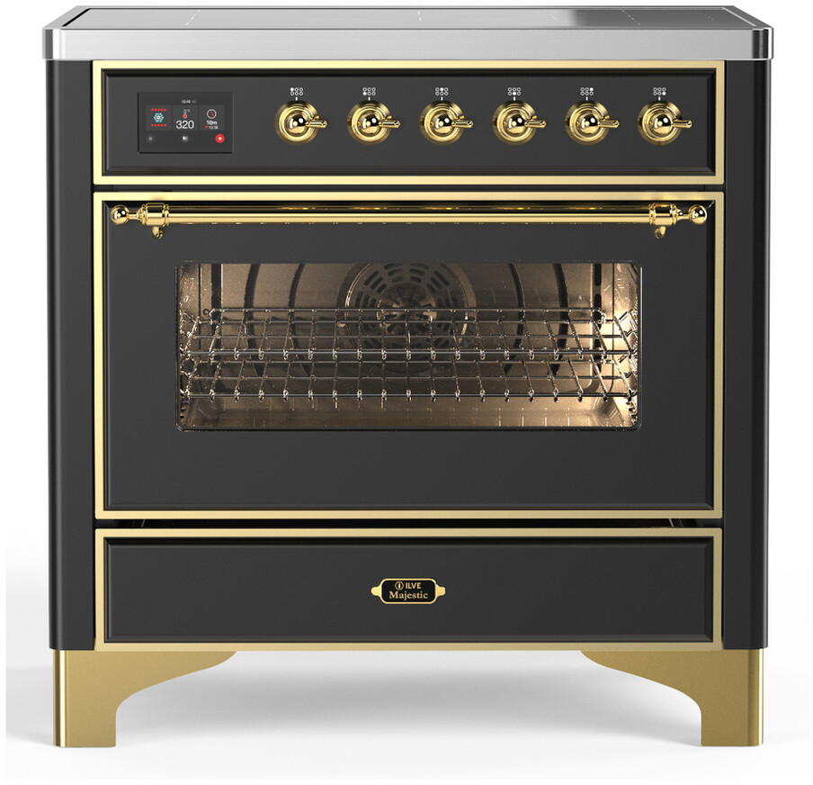 ILVE UMIB36NR3MGG Majestic III 36 inch Induction Range with 6 Elements, 3.5 cu. ft. Total Oven Capacity (Triple Glass Door, Graphite Matte, Brass)