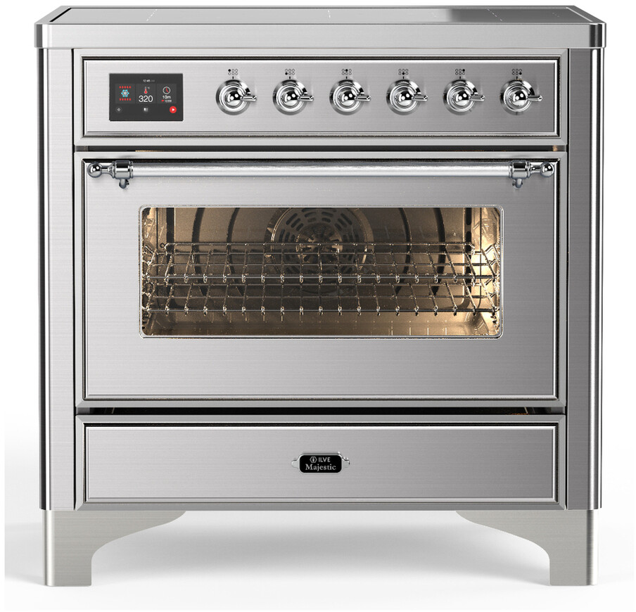 ILVE UMIB36NR3SSC Majestic III 36 inch Induction Range with 6 Elements, 3.5 cu. ft. Total Oven Capacity (Triple Glass Door, Stainless Steel, Chrome)
