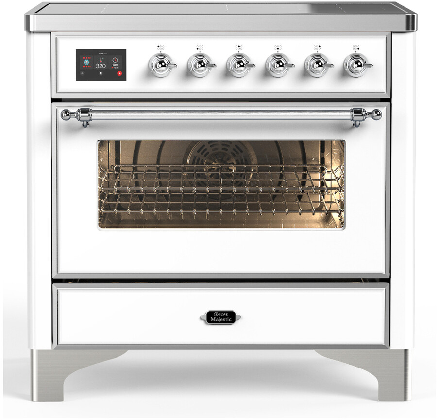 ILVE UMIB36NR3WHC Majestic III 36 inch Induction Range with 6 Elements, 3.5 cu. ft. Total Oven Capacity (Triple Glass Door, White, Chrome)