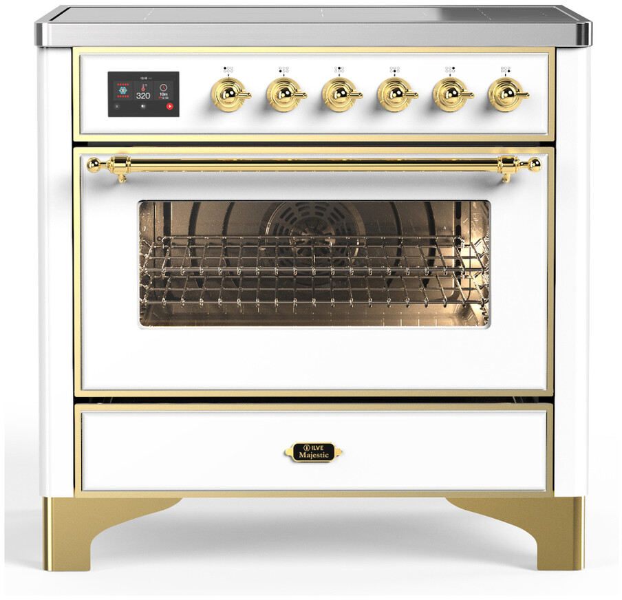 ILVE UMIB36NR3WHG Majestic III 36 inch Induction Range with 6 Elements, 3.5 cu. ft. Total Oven Capacity (Triple Glass Door, White, Brass)