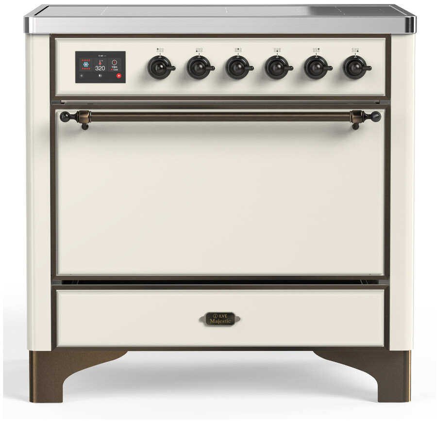 ILVE UMIB36QNR3AWB Majestic III 36 inch Induction Range with 6 Elements, 3.5 cu. ft. Total Oven Capacity (Solid Door, Antique White, Burnished)