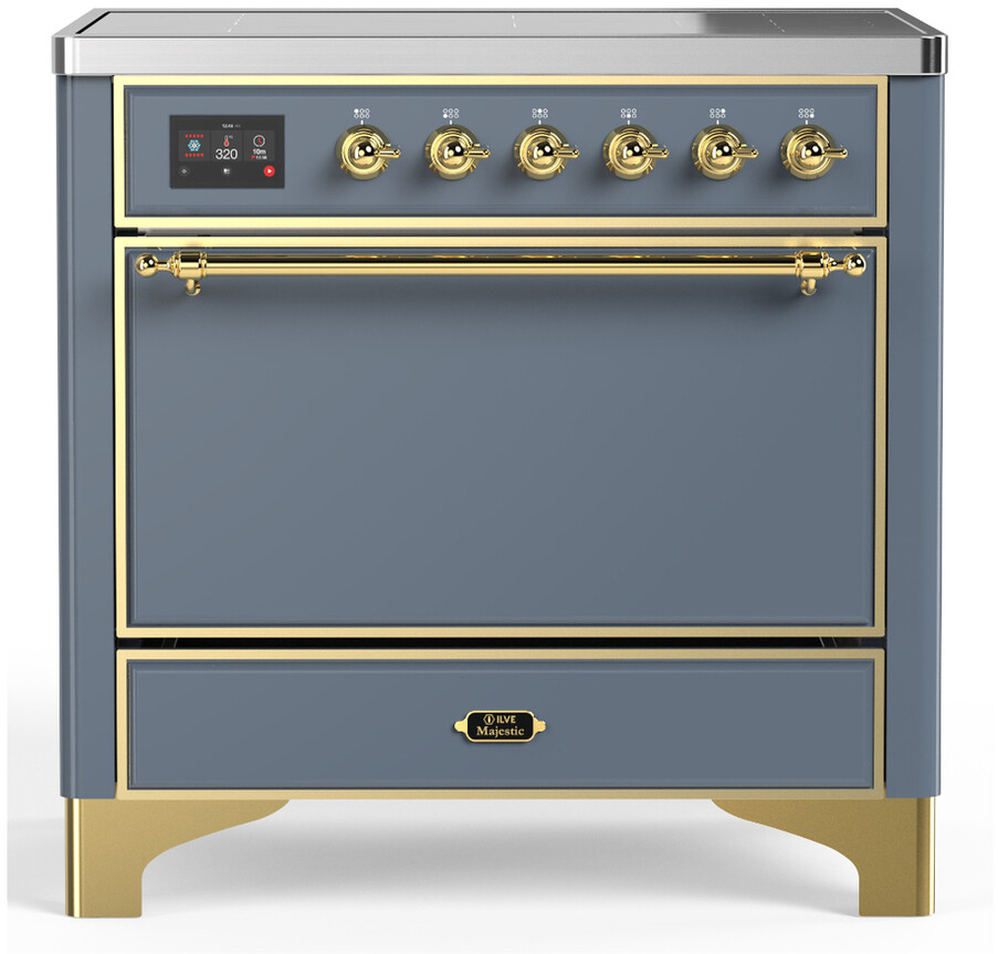 ILVE UMIB36QNR3BGG Majestic III 36 inch Induction Range with 6 Elements, 3.5 cu. ft. Total Oven Capacity (Solid Door, Blue Grey, Brass)