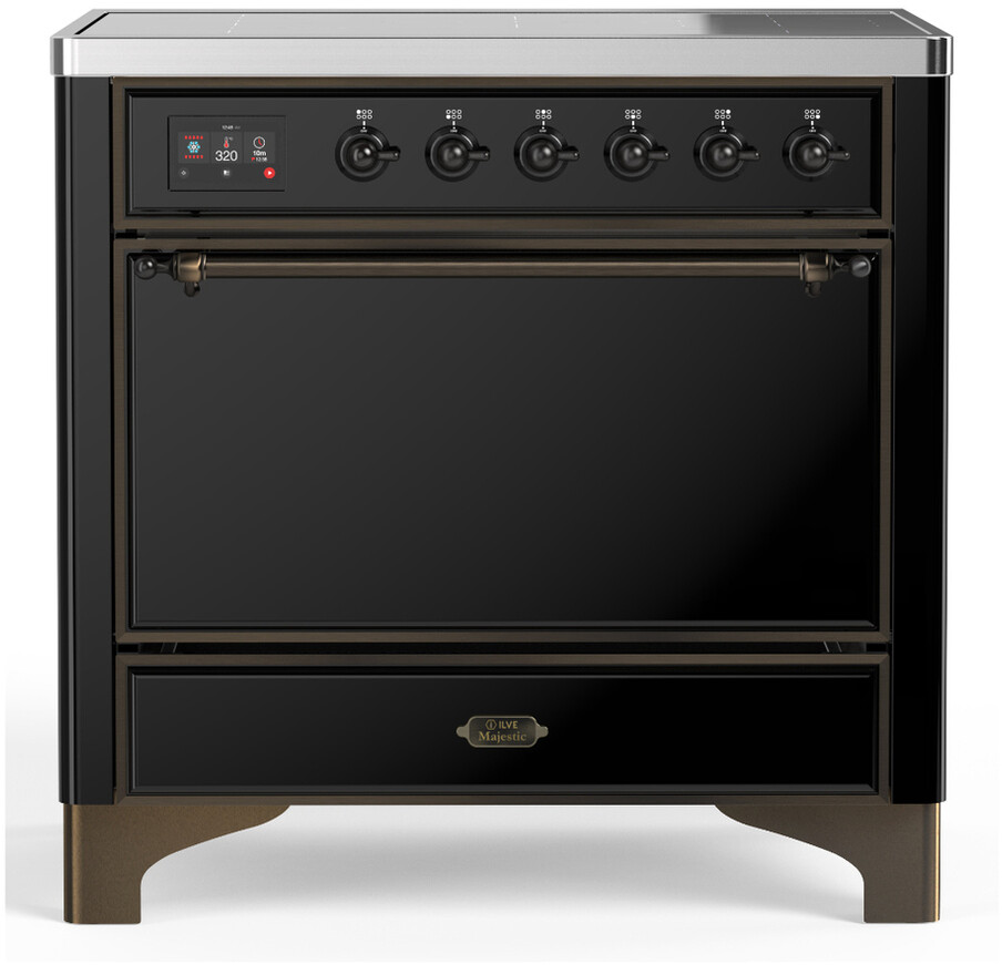 ILVE UMIB36QNR3BKB Majestic III 36 inch Induction Range with 6 Elements, 3.5 cu. ft. Total Oven Capacity (Solid Door, Glossy Black, Burnished)