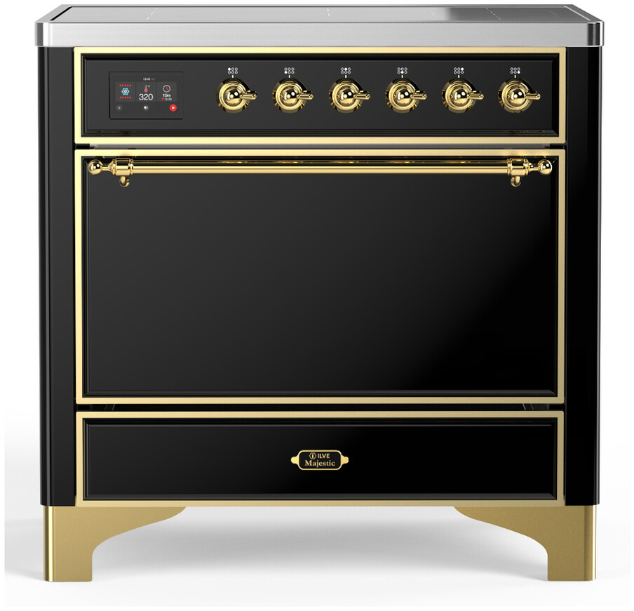 ILVE UMIB36QNR3BKG Majestic III 36 inch Induction Range with 6 Elements, 3.5 cu. ft. Total Oven Capacity (Solid Door, Glossy Black, Brass)