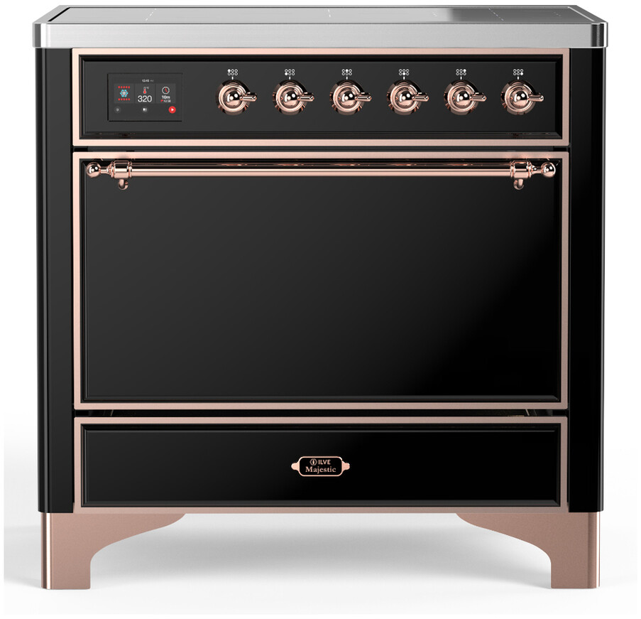 ILVE UMIB36QNR3BKP Majestic III 36 inch Induction Range with 6 Elements, 3.5 cu. ft. Total Oven Capacity (Solid Door, Glossy Black, Copper)