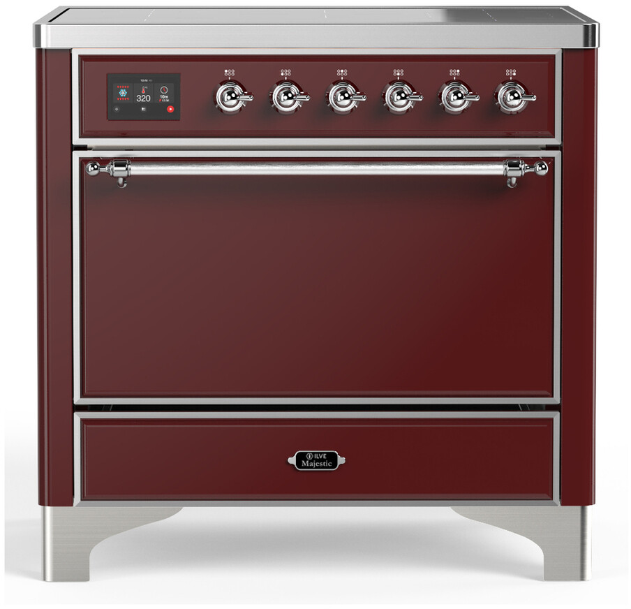 ILVE UMIB36QNR3BUC Majestic III 36 inch Induction Range with 6 Elements, 3.5 cu. ft. Total Oven Capacity (Solid Door, Burgundy, Chrome)