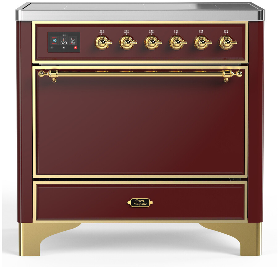 ILVE UMIB36QNR3BUG Majestic III 36 inch Induction Range with 6 Elements, 3.5 cu. ft. Total Oven Capacity (Solid Door, Burgundy, Brass)