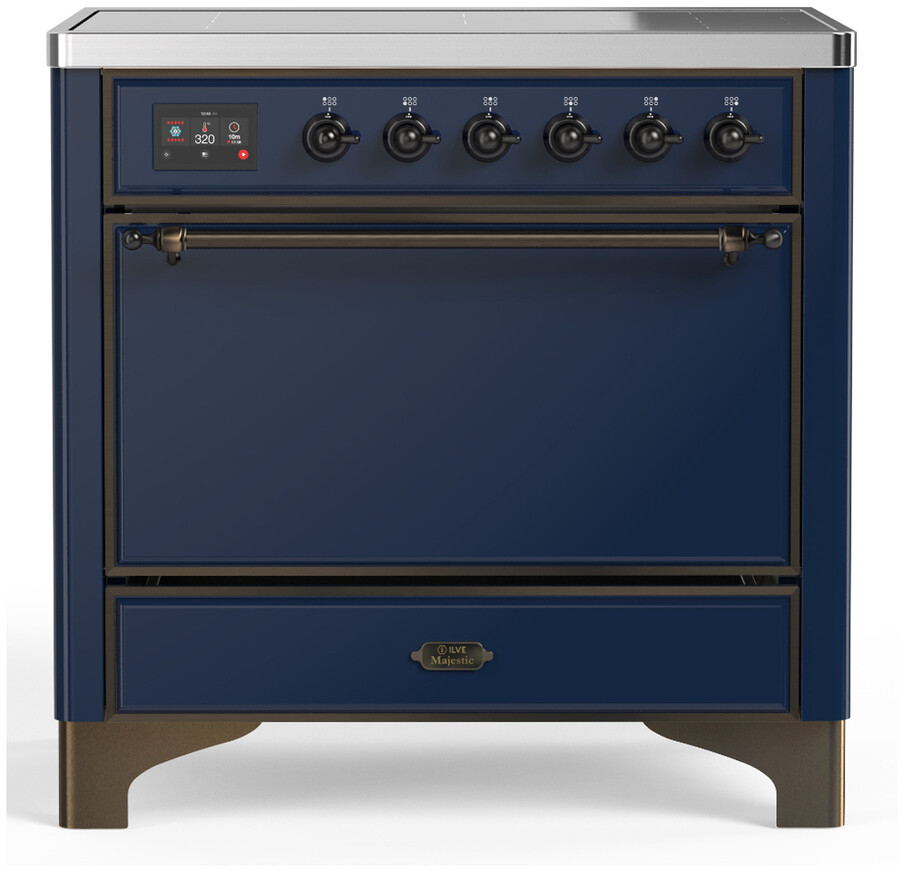 ILVE UMIB36QNR3MBB Majestic III 36 inch Induction Range with 6 Elements, 3.5 cu. ft. Total Oven Capacity (Solid Door, Midnight Blue, Burnished)