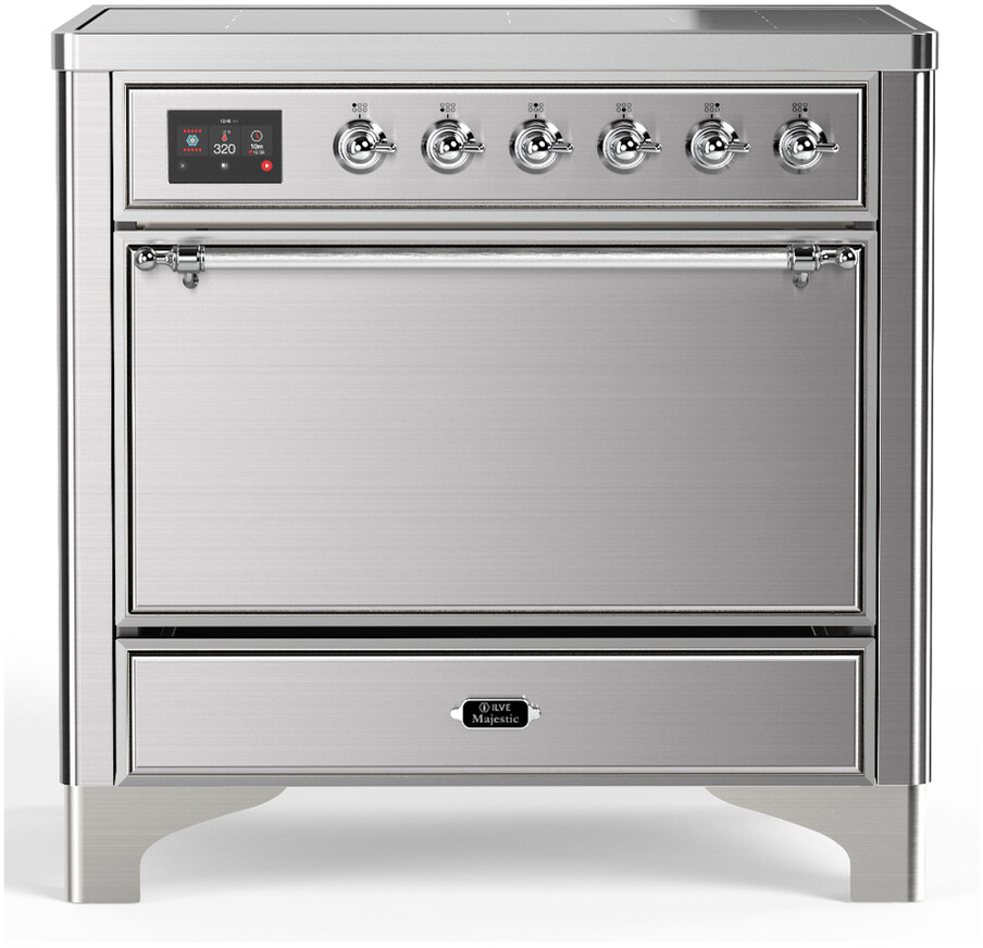ILVE UMIB36QNR3SSC Majestic III 36 inch Induction Range with 6 Elements, 3.5 cu. ft. Total Oven Capacity (Solid Door, Stainless Steel, Chrome)