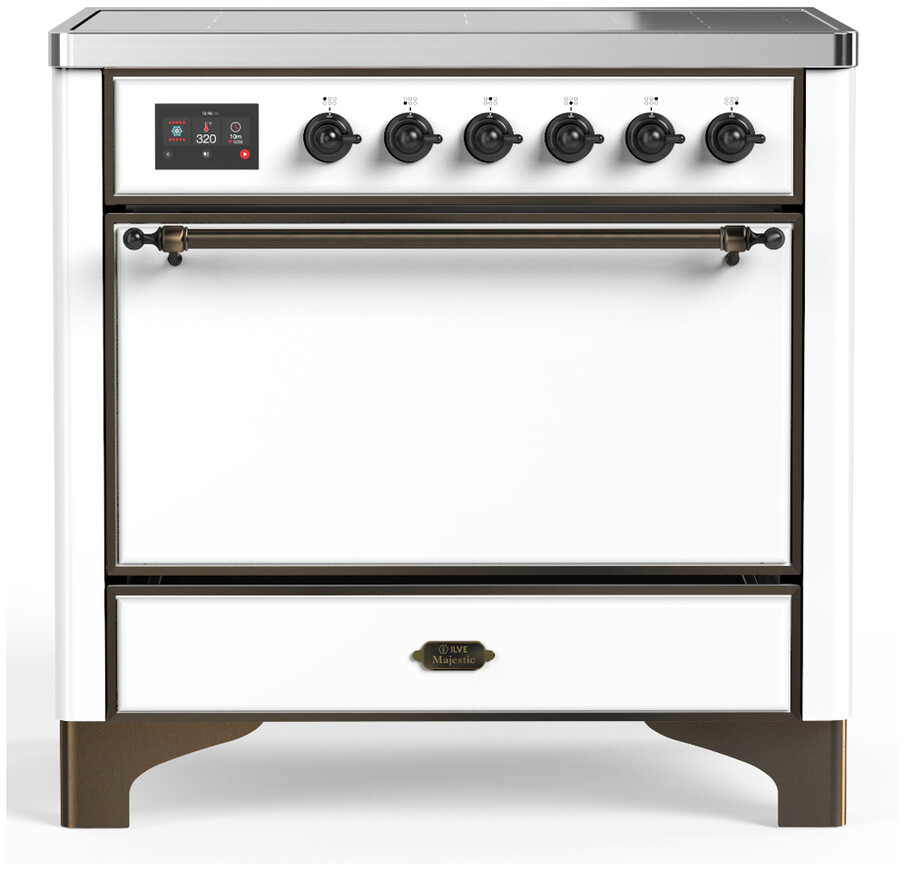 ILVE UMIB36QNR3WHB Majestic III 36 inch Induction Range with 6 Elements, 3.5 cu. ft. Total Oven Capacity (Solid Door, White, Burnished)