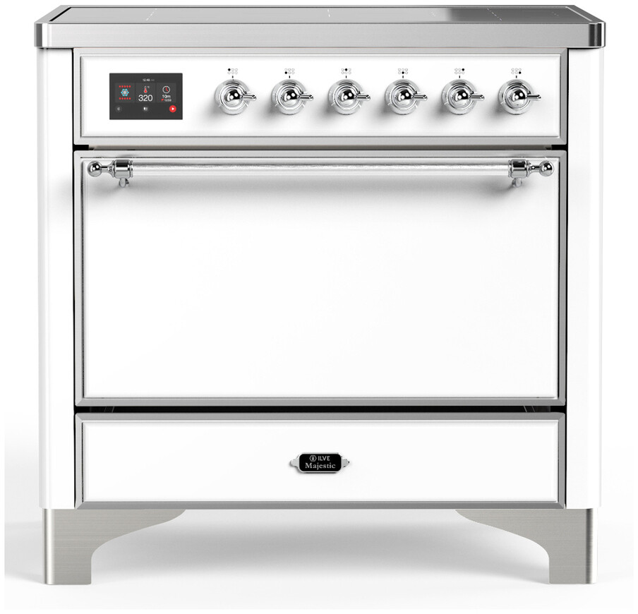 ILVE UMIB36QNR3WHC Majestic III 36 inch Induction Range with 6 Elements, 3.5 cu. ft. Total Oven Capacity (Solid Door, White, Chrome)