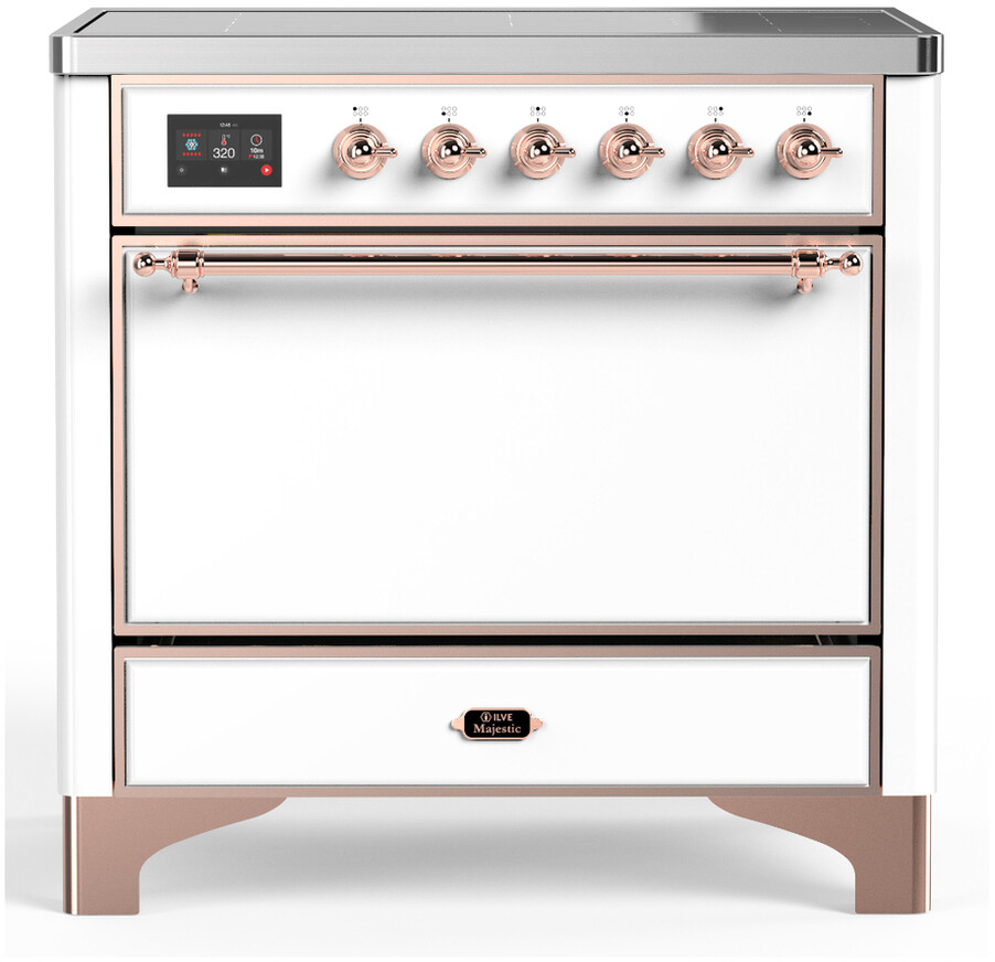 ILVE UMIB36QNR3WHP Majestic III 36 inch Induction Range with 6 Elements, 3.5 cu. ft. Total Oven Capacity (Solid Door, White, Copper)