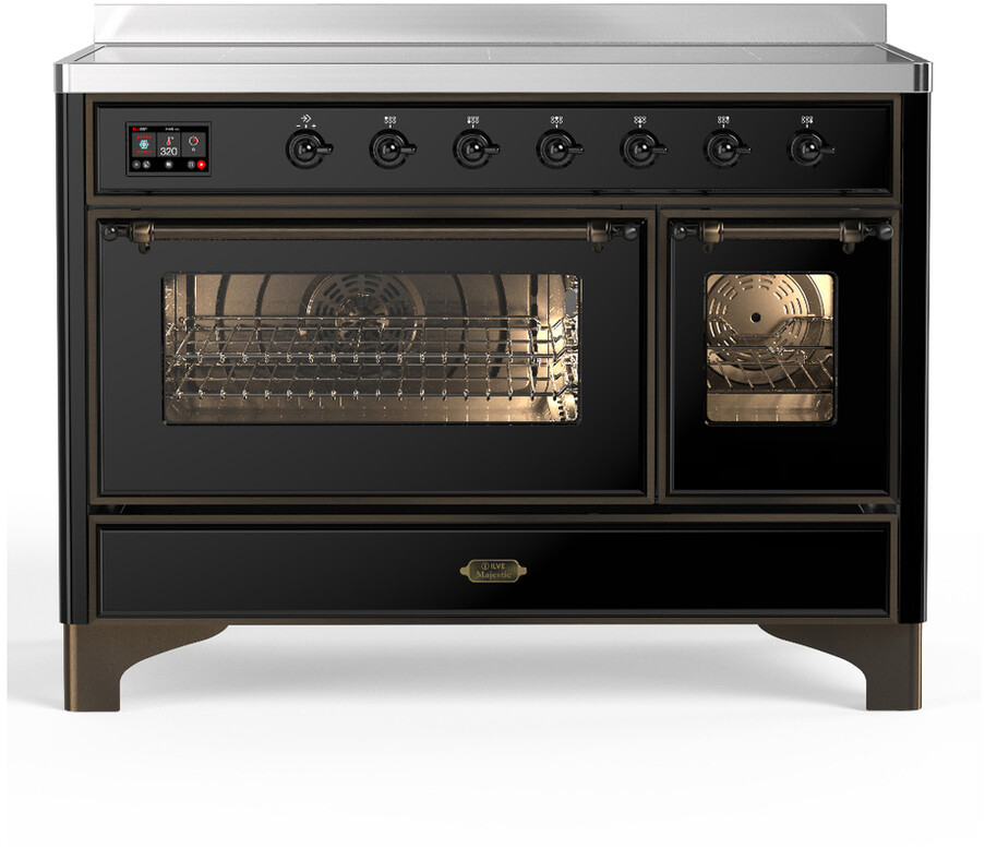 ILVE UMIB48NR3BKB Majestic III 48 inch Induction Range with 6 Elements, 5.02 cu. ft. Total Dual Oven Capacity (Triple Glass Door, Glossy Black, Burnished)