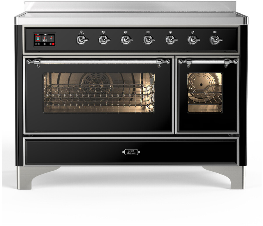 ILVE UMIB48NR3BKC Majestic III 48 inch Induction Range with 6 Elements, 5.02 cu. ft. Total Dual Oven Capacity (Triple Glass Door, Glossy Black, Chrome)